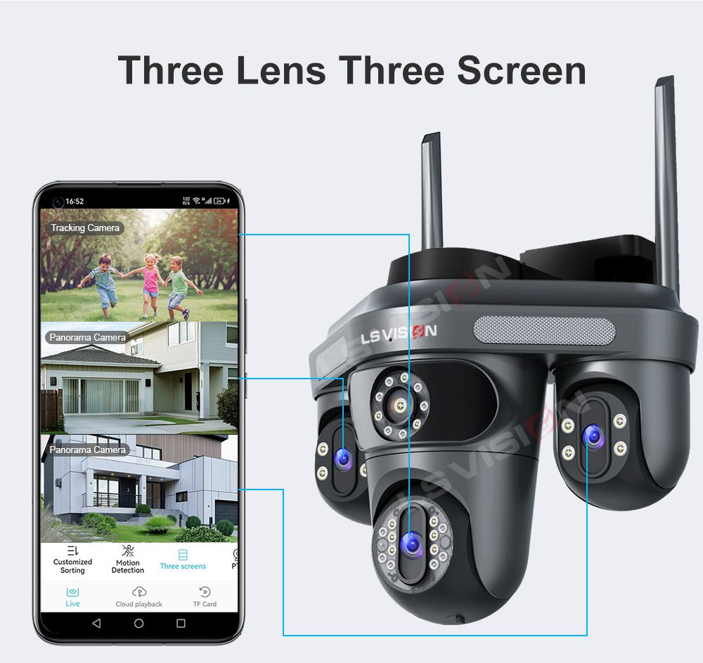 Kamer e Jashtme me 3 Lente Triple Screen PTZ Outdoor Security Camera