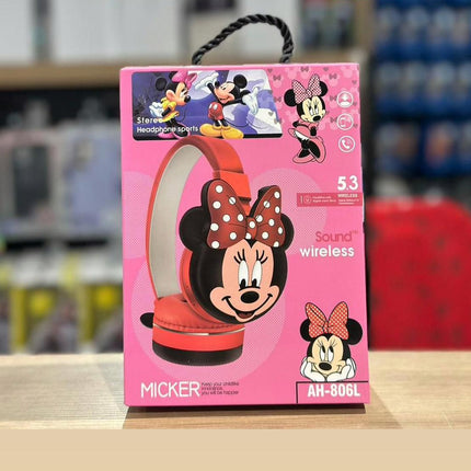 Mickey Kids Headset packaging with Minnie Mouse design on a shelf.