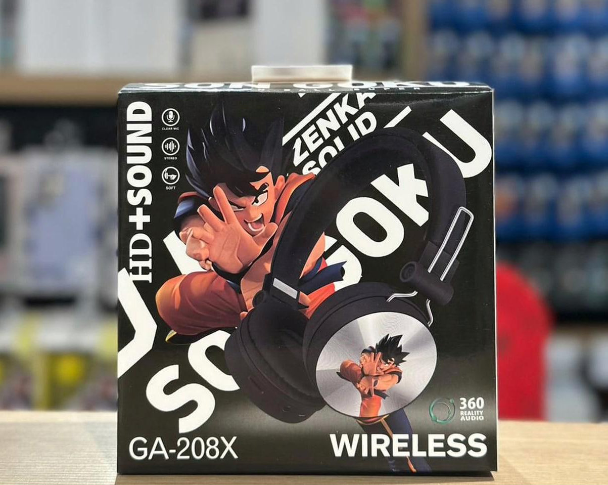Box of wireless headphones with a character design on a blurred background