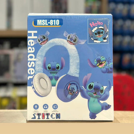 Box of Stitch-themed headphones with cartoon characters on a blurred background