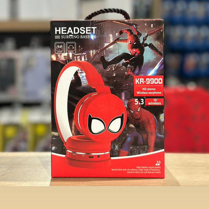 Box of Spider-Man themed headphones on a blurred background