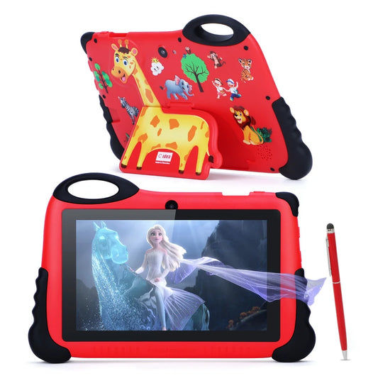 Children's tablet with red case featuring cartoon animals and a character from 'Frozen'.